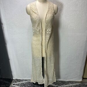 MONTEAU Los Angeles S Cream Crochet Lace Duster Vest Cardigan Hippie Boho Sweet